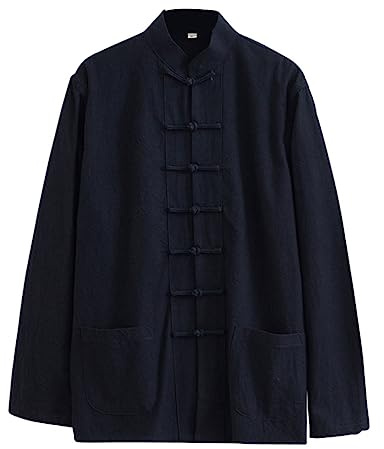 ZHOUXIAO Loose Tai Chi Uniform Men Chinese Traditional Kung Fu Clothes Cotton Linen Wing Chun Clothes, Long SleeveTang Suit Hanfu Jacket Shirt Coat Martial Arts Suit black-7XL