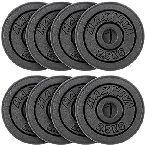 MAXXIVA Hantelscheiben 8er Set Gewichtsplatte je 2,5 kg Gusseisen schwarz 20 kg Fitness Krafttraining Bodybuilding Workout Gewichtheben Reha