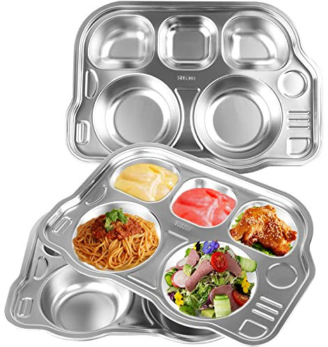 ZEAYEA 3 Pack Stainless Steel Divided Plates Tray, 304 Stainless Car Shape Divided Platter, 5 Sections Dinner Plates for Adults,Kids, Picky Eaters, Campers, and Portion Control