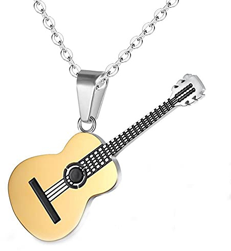 Yifnny Gitarre Halskette, Herren Edelstahl Rock E-Gitarre Bass Anhänger Halskette Gitarren Plektrum Halskette mit Rolo Kette Hip Hop Musik Stil Personalisiertes Geschenk für Männer Frauen