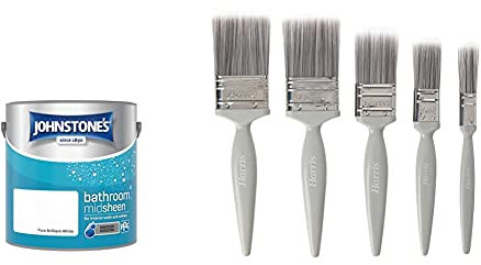 Johnstone's 389464 - Bathroom Paint - Mid Sheen - Moisture Resisting - Low Odour - Pure Brilliant White - 2.5 L & Harris 101011006 Essentials Walls & Ceilings Paint Brush 5 Pack