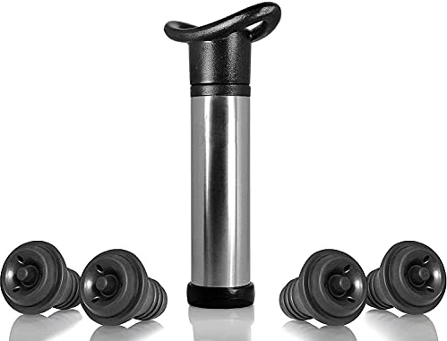 LATRAT Red Wine Pump, Stainless Steel Vacuum Pump for Wine Preservation, Silicone Caps for Alcohol Beer Drinks with 4 Vacuum Bottle Stoppers