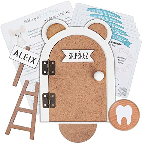 Puerta Ratoncito Pérez personalizable. Incluye escalera, alfombra, letrero con el nombre, cajita para dejar el diente, 5 certificados de recogida, historia del Ratoncito. MADERA