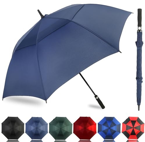 LLanxiry Automatic Open Golf Umbrella 54/62/68/72 Inch, Extra Large Windproof Vented Double Canopy Stick Umbrella, 210T Pongee Waterproof SPF 50+, Fiberglass Ribs Steel Shaft, EVA Grip for Golf & Commute
