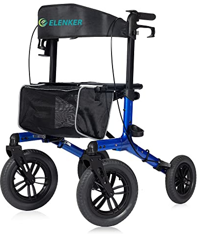 ELENKER All-Terrain Rollator Walker with Non-Pneumatic Tire 12” Front Wheels, Compact Folding Design for Seniors, Blue