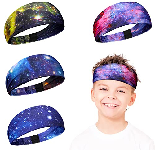 4 Pack Boys Breathable Kids Athletic Sweatbands Sports Headbands for Boys Non Slip Hair Band Elastic Hairband for Girls Workout Yoga Gym Running Exercise (Galaxy)