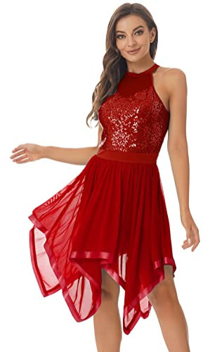 Alvivi Damen Ballettkleid Glitzer Tanzkleid Pailletten Ballettanzug mit Asymmetrisch Rock Ballerina Kleid Latein Cha Cha Tango Salsa Rumba Tanzkleidung A Weinrot M