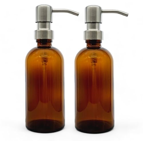 2 PCS Avalon Amber Glass Soap Dispenser Bottles 300ml with Metal Pumps (BPA-Free) Lotion Pump/Soap Dispensers – Reusable Refillable Eco friendly, Sustainable Living/Gift (Brushed Steel Pump)