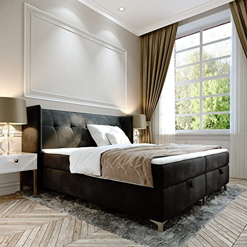 FURNISTAR Boxspringbett Doppelbett LIND - 180x200cm Bett mit Bonellmatratze, mit Bettkasten für Bettwäsche und Topper. EIN Bett mit einem klassischen, konturierten Kopfteil (Velvet 99, 180x200)
