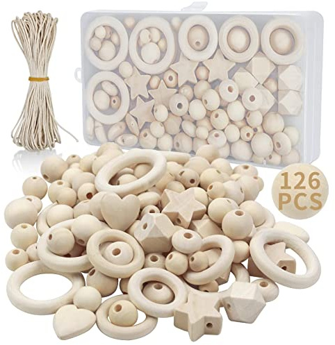 RUBY 126 pezzi Set di perline in legno, 15 anelli per fai da te, 110 perline in legno, fai da te macrame kit fai da te, cerchi in legno rotondi