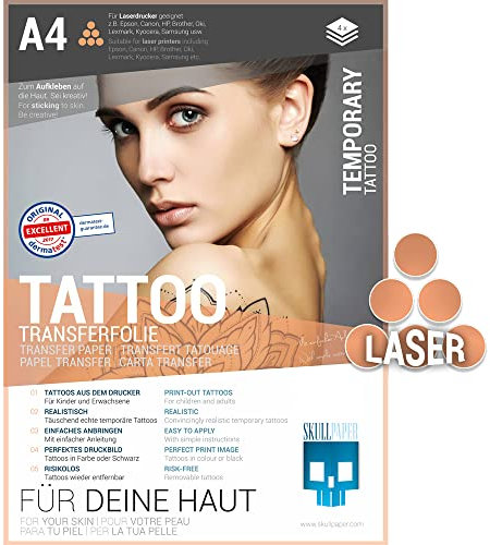 SKULLPAPER® temporäre Tattoo-Transferfolie FÜR DIE HAUT - SEHR GUT getestet - für Laserdrucker (A4-4 Blatt)