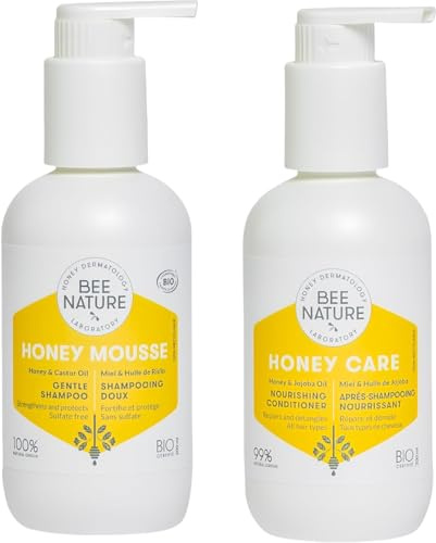 Bee Nature - Shampoo & Conditioner Sets - Bio-Honig und Rizinusöl - Gegen Schuppen, Spendet Feuchtigkeit, Nährt und Repariert - Ideal für Trockenes, Lockiges und Strapaziertes Haar - Je 200ml