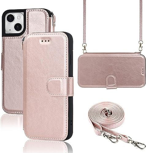 ELTEKER Hülle für iPhone 13 Handyhülle mit Band Crossbody Strap, Klapphülle mit dem Verstellbaren Umhängeband - Rosa