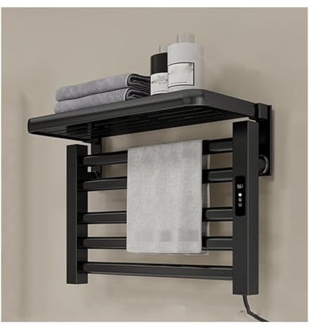 Scaldasalviette Elettrico Parete, Portasciugamani Riscaldato Elettrico con Regolazione Temperatura Timer, Termoarredo Elettrico Bagno Con Ripiano Superiore,Nero
