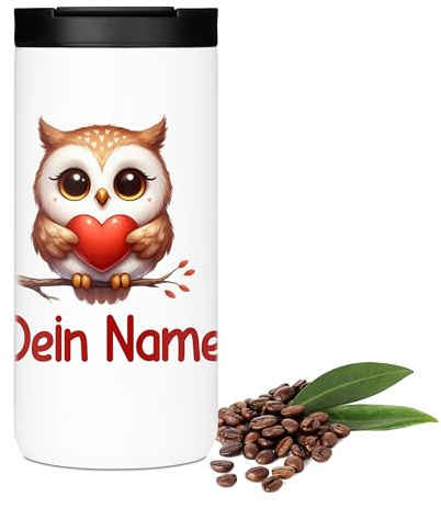 GRAZDesign Kaffeebecher mit Namen Eule Herz Geschenk zu Valentinstag, Jahrestag, Geburtstag - für Partner, Freundin Verlobte - Edelstahl 400ml
