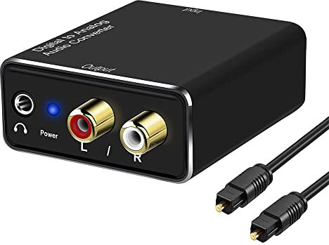 Booso Convertidor de audio digital a analógico, SPDIF digital de óptico a analógico L/R y adaptador audio estéreo AUX de 3,5 mm