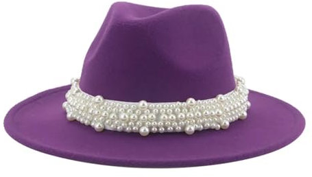 SOYNIA Fedora Trilby Filzhut Hut Damenhüte Fedora Breite Krempe Bandgürtel Perle Panama-Fedora Formelle Kirche Hochzeit Luxuriöse Filzhüte 59–61 cm (XL) Lila