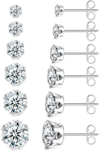 6 Paare Ohrringe Set, 316L Chirurgenstahl Ohrringe für Damen Herren, Kubischer Zirkonia Ohrstecker Set, Hypoallergen Ohrstecker, 3-8mm