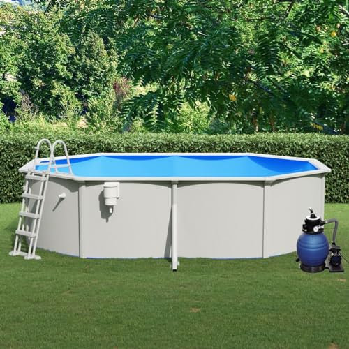 Gecheer Piscina,Fuori Terra,con Pompa Filtro a Sabbia,Scaletta,in Acciaio,Blu e Bianco,490x360x120 cm