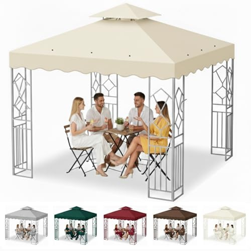 Toile pour Pergola 3x3m, Imperméable Toit de Rechange avec 2 Étages pour Pavillon/Tonnelle de Jardin, Anti-UV, 300D Polyester Tente Toit de Remplacement pour Extérieur