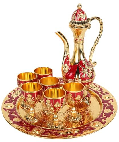 Service à Thé Turc, Théière Turque Avec Plateau Et 6 Verres à Thé, Ensemble De Cafetière Turque Vintage, Ensemble De Théière Turque, Tasse à Vin En Alliage De Zinc Pour Armoires à Vin(rouge)