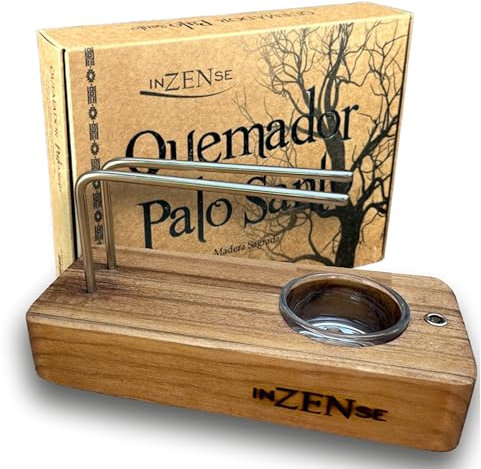 INZENSE- Quemador de Incienso - Quemador Palo Santo Madera + Soporte Palo Santo Metal y Vaso con Vela - Porta Incienso Palo Santo para Quemar - Multifuncional 3 en 1- Pack Regalo - Color Nogal.