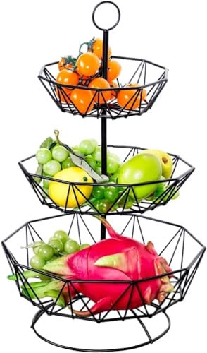 JKFGYTHG Cesto di Frutta a 3 Livelli, portaverdure Nero in Stile Vintage, Design Rimovibile, Cesto di Verdure Elegante per conservare Frutta e Verdura Fresca