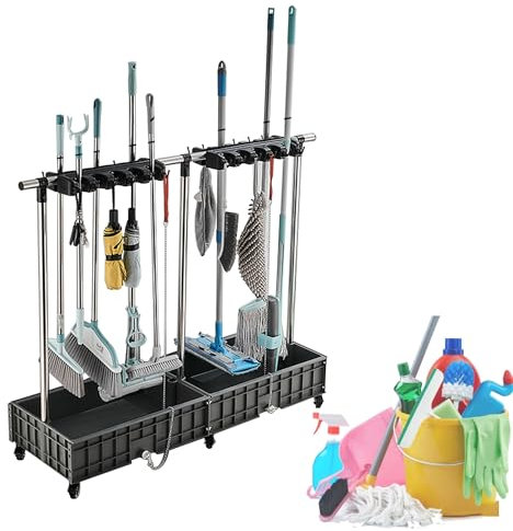 Mop Holder,Mobile Mop and Broom Holder Cleaning Supplies for Housekeeping Mop Bucket Cleaning Carts on Wheels Garden Tool Organizer Mop Drain Rack Umbrella Stand for Garage,Schools,Hospitals