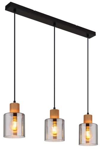 GLOBO LIGHTING Pendelleuchte Hängelampe Wohnzimmerlampe 3 flammig Holzlampe Glas rauch H 120 cm