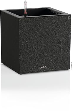 Lechuza-Pflanzgefäß Canto Slatestone 30 Low Dark Grey, Pflanzgefäß mit Bewässerungssystem, Wasserstandsanzeiger und Pflanzeinsatz, Schiefer-Optik, 30 x 30 x 30 cm, 15931