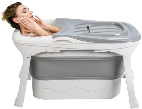 Wilitto 44.5 Portable Bathtub, Foldable Bathtub for Adults Soaking Tub Collapsible Bathtub with Thermal Cover & Massage Roller, Large Collapsible Tub, Suitable for Hot Bath Ice Bath Grey