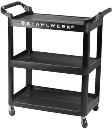 STAHLWERK Werkzeugwagen TC-92 ST mit 100 kg Tragkraft Werkstattwagen | Rollwagen | Transportwagen | Montagewagen | Plattformwagen | Etagenwagen mit 3 Ladeflächen und 2 Griffleisten