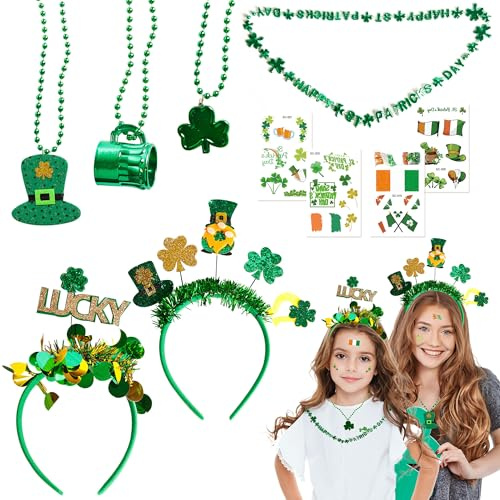 Irish St Patricks Day Accessoarer St. Patrick's Day festdekorationer, Irland St Patricks Day pannband halsband tatueringar grön klöver kläder kostym tillbehör fotorekvisita för flickor barn kvinnor