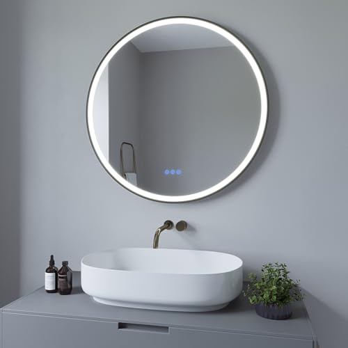AQUABATOS Miroir de Salle de Bain avec éclairage - Rond - 80 cm - Noir - Cadre LED - Miroir Mural - Anti-buée - Chauffage - 3 Couleurs de lumière - Intensité Variable - Interrupteur Tactile pour