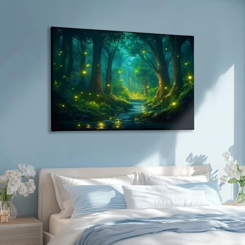 Großes Leinwandbild Wandbild Fantasy Glühwürmchen Waldweg Anime Stil auf Leinwand Wandkunst Modern Aesthetic XXL Kunstdruck Deko für Wohnzimmer Schlafzimmer Geschenk 160x80cm