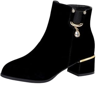 Womens Ankle Boots Comfortable Wide Fit Walking Boots Rhinestone Side Zipper Chunky Block Heel Stylish Classic Short for Adults Zip-up Shoes