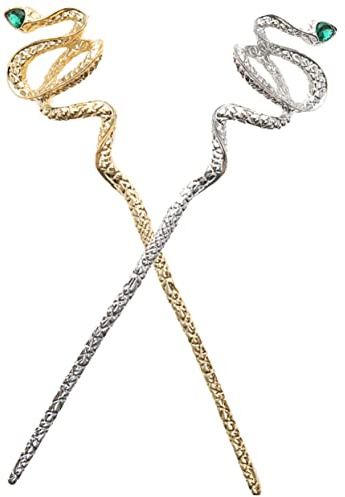 OUNONA Snake Gemstone Alloy Hair Sticks Set 2pcs Chinese Style Hair Forks for Women Girls Styling Accessories with Gold and Silver Pins