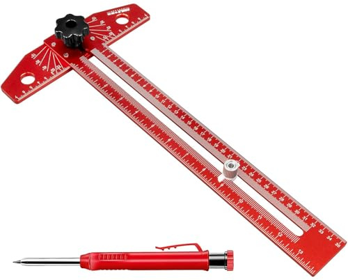 Équerre de Menuisier en T avec Règle Traceur, 40 cm Règle d’Angle en Alliage d'Aluminium, Rapporteur de Menuiserie Ajustable avec Gravée pour Bricolage Charpentier Architecte (Rouge)