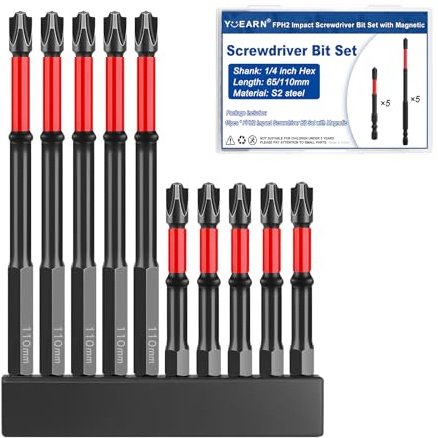 FPH2 Impact Screwdriver Bit Set - S2 Steel 65mm & 110mm Slotted Heads 1/4 Inch Hex Shank, Cross Slot Screw Driver Drill Bits, FPH2 Bits with Magnetic for Electricians (10pcs)