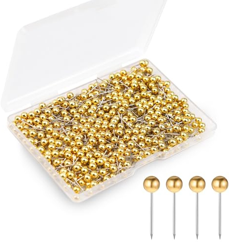 MYHOGOOD 400Pcs World Map Push Pins Round Drawing Pins, Travel Map Small Thumb Tacks, Marking Pushpins for Cork Board Notice Bulletin Picture Photo Home Office School Craft DIY (Gold)