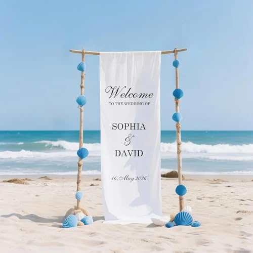 Striscione per matrimonio in tessuto di poliestere, cartello di benvenuto moderno per matrimoni, decorazione personalizzata con nome e data (80 x 180 cm)