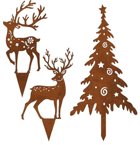 3er Weihnachtsdeko, Roststecker Rost Winter Weihnachten Deko, Metall Gartenstecker Roststecker Weihnachtsdeko, Garten Blumenstecker Weihnachtsstecker, Rost Baum deko, Weihnachtsbaum für Draußen
