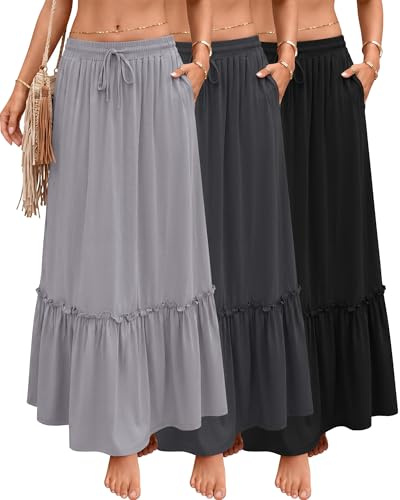 Ficerd 3 Pezzi Gonne Maxi Boho da Donna, Gonne Lunghe a Strati Fluide con Volant, Vita Alta con Coulisse Regolabile e Tasche(Nero, Grigio Antracite, Grigio Chiaro,XL)