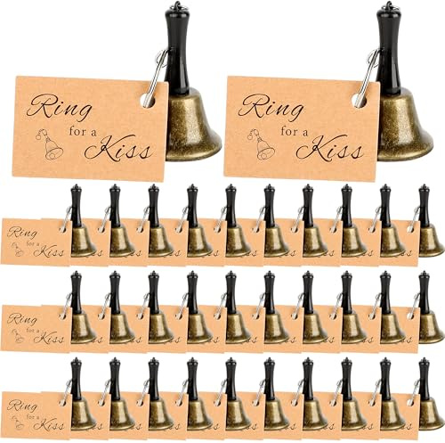 32 Pcs Wedding Hand Bell Bulk with Card Call Bell Service Alarm Jingles Ring for a Kiss Wedding Party Supplies Food Line Christmas Musical Dinner Bells Reception Decorations