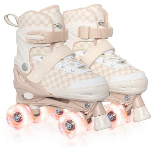 Nattork Adjustable Roller Skates for Kids Teens, Illuminating Wheels Roller Quad Skates with Checkerboard Design for Boys Girls Khaki Size 5 6 7 8