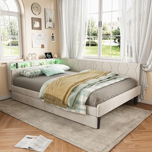 BSCFHCZ Schlafsofa140x200 mit Stauraum, Doppelbett mit 2 Schubladen, Polsterbett 140x200, LED-Sofabett mit USB-Ladebuchse, Bettgestell mit Lattenrost, Samt, Ohne Matratze, Beige