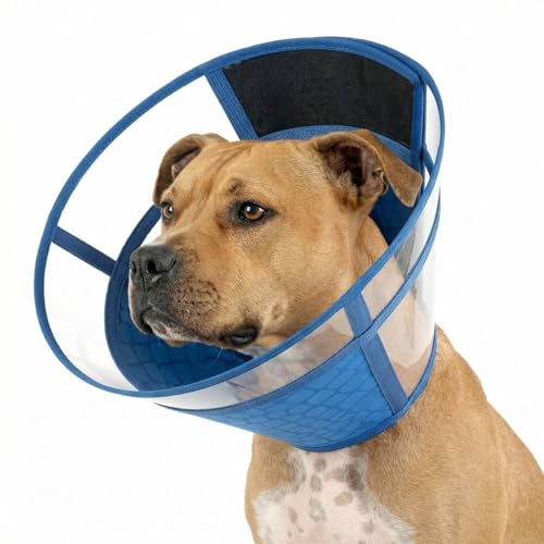 Hundekragen Leckschutz, transparenter Kragen Hund gegen Lecken, Verstellbarer Halskrause Hunde mit Kordelzug, Trichter Hund nach OP, Faltbarer Halskragen, Marineblau L