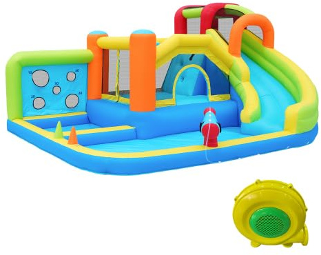 Hüpfburg ganzjährig mit Gebläse, multifunktionaler Wasser- & Trampolinpark für Kinder ab 3 Jahren, mit Wasserrutsche, Basketballkorb, Kletterwand, Wurfpunktwand & Wasserpistole