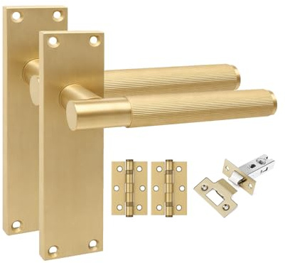 Golden Grace 1 Pair Victorian T-Bar Linear Internal Door Handle Sets Satin Brass 150 x 40mm with 2.5 Latch & Hinges