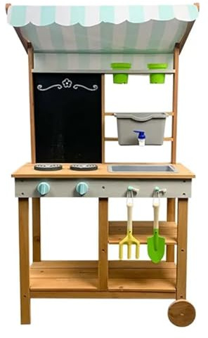Wooden Kids Outdoor Play Kitchen with Chalkboard, Striped Canopy, Gardening Tools, Natural Wood